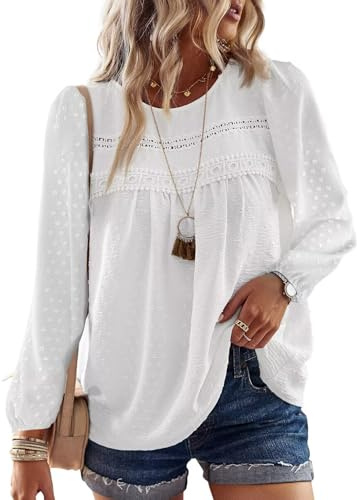 TUUHAW Tunique Femme Chemise Chic et Élégant Automne Col Rond Manches Longues Dentelle Bohème Top Fluide à Point Suisse Couleur Unie Blouse Décontracté Chemisier T-Shirts Blanc M