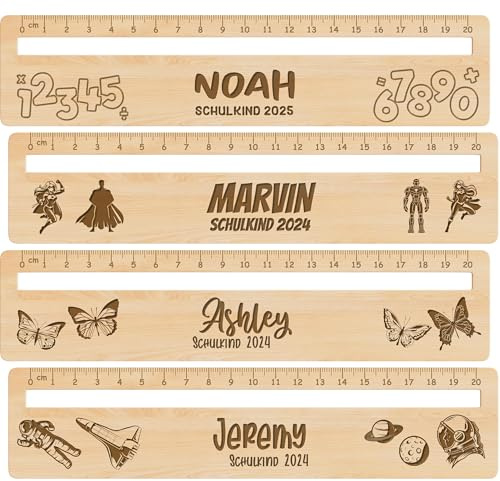 Meinearmbänder Personalisiertes 20 cm Holz-Lineal – Vollständig mit Namen und niedlichen Motiven lasergraviert – 2-in-1 Lesehilfe und Lineal – Geschenk zur Einschulung – Für Jungen und Mädchen