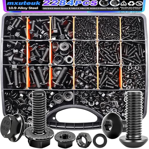 mxuteuk 2284PCS Metric Screws & Flange Bolt Assortment,Nuts and Bolts Assortment Kit M2/M3/M4/M5/M6/M8/M10 Machine Screws Kits,Grade 10.9 Alloy Steel Hex Socket Button Metric Screw