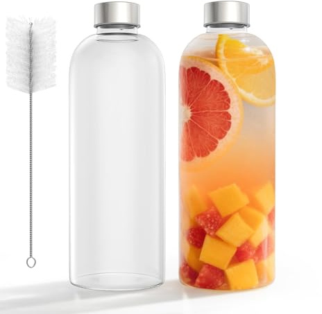 YRHome Lot de 2 bouteilles d'eau en verre de 1 l avec couvercle en acier inoxydable - Bouteille en verre avec bouchon à vis pour boissons chaudes et froides - Passe au lave-vaisselle