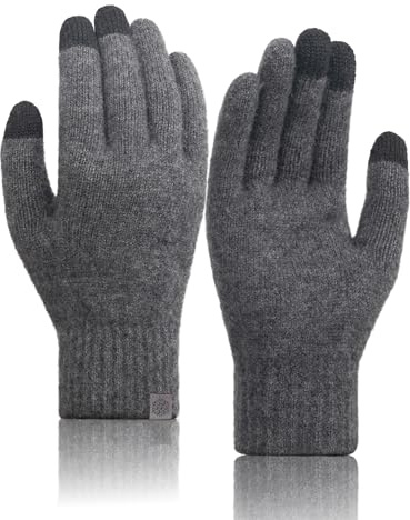 TRENDOUX Guantes Tactiles de Punto Hombre Mujer, Guante Finos Termicos Invierno Lana Merino, Puños Elásticos Suaves Nieve para Frio Conducir Running Senderismo Bicicleta Esqui deportivos - Gris XL