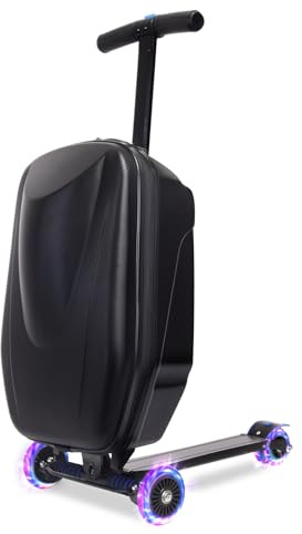 CyyKcc Valise scooter pour enfants avec roues lumineuses, bagage de vélo de voyage 2 en 1, valise à main pliable sur 3 roues, noire
