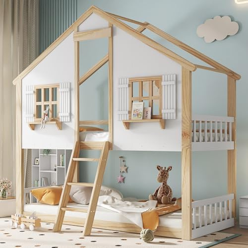 Joyviva Etagenbett, Kinderbett, Schöne Fenster und Dach, Stabile Lattenroste, Seitliche Sicherheitsgeländer, Kiefer + MDF + Sperrholz, Weiß+Natur, 90x200cm