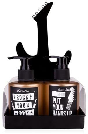 Accentra ROCKSTAR Coffret cadeau sur plateau en métal pour homme, gel douche et gel douche 160 ml et shampooing 160 ml, parfum bois de santal, design guitare rock en noir, idée cadeau d'anniversaire