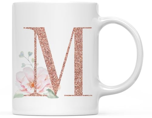 Andaz Press 11oz. Coffee Mug Gift, Pink Watercolor Roses with Faux Rose Gold Glitter Monogram Letter M, 1-Pack, Includes Gift Box, Christmas Birthday Mother's Day Graduation Coworker Present Ideas