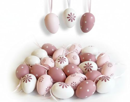 24 Stück Ostereier 6 cm Eier zum Hängen Osterhänger Ostern Deko rosa Osterdeko Blumen P (D)