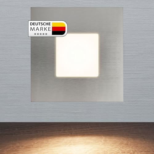 LED Treppenbeleuchtung 230V – 0,5W 40lm Wandeinbauleuchte Eckig für 60mm Dose – Warmweiß (3000K) – Aluminium Stufenlicht Flur – Stromsparendes Nachtlicht ohne Sensor - 6103S (3, Edelstahl-eckig)