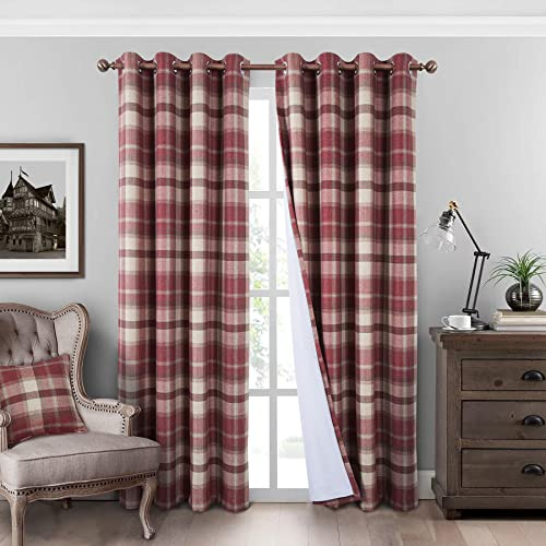 always4u Karierte Vorhänge, 100% Verdunkelung, Thermovorhänge für Schlafzimmer, kariert, Wolloptik, Bauernhaus, Wohnzimmer, 2 Paneele, 45 x 63 cm, klassisches Rot
