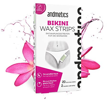 andmetics Bikini Kaltwachsstreifen | für bis zu 20 Anwendungen | vegan und tierversuchsfrei |Anwendung für den gesamten Körper | für bis zu 4 Wochen glatte Haut | für alle Hauttypen geeignet