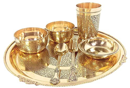 CRAFTING WITH LOVE A HANDMADE BEAUTIFUL BRASS HAMMERED THALI SET (SET OF 7 PIECES) 3 BOWLS,1 GLASS,1 SPOON, 1 PLATE,1 DESSERT PLATE