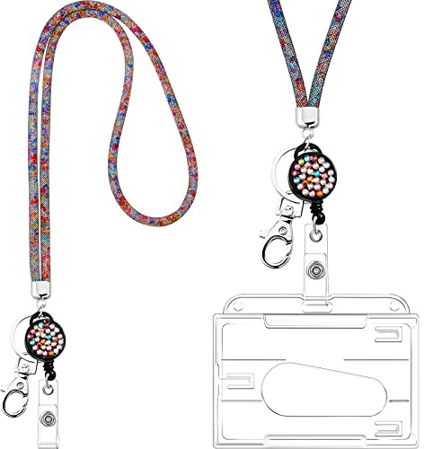 Collier de Lanière en Cristal avec Porte-Carte d'Identité Transparent Porte-Clés, Lanière de Cou Bling en Cristal Strass Porte-Badge Transparent et Collier de Badge (Multicolore avec Noirk)