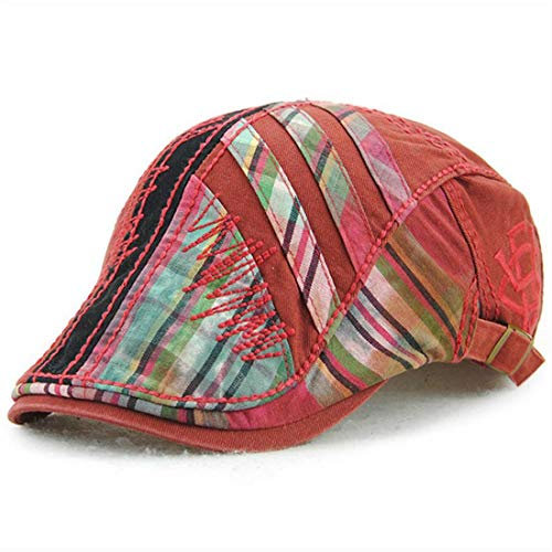 LAIFEKE Neue Freizeit-Unisex-Flachmütze mit Nähten, Baskenmütze, Kariertes Muster, Entenschnabelmütze aus Reiner Baumwolle, Ballonmütze (Rot)