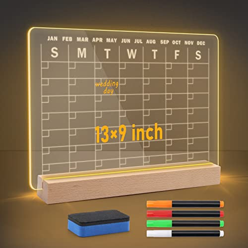 Windsepeed Tableau acrylique effaçable à sec avec support lumineux, calendrier mensuel de 33 x 22,9 cm, calendrier de bureau avec 4 marqueurs et gomme, pour Halloween, cadeaux de Noël