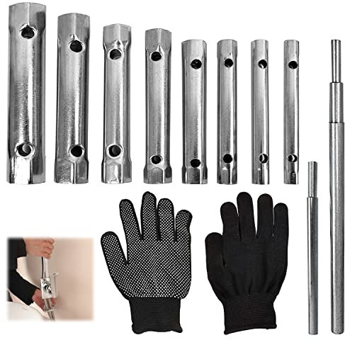 Choonjin Rohrsteckschlüsselsatz 10 tlg mit Handschuhen, Sechskant-Rohrsteckschlüssel Größen 6-22 mm, Wasserhahn Werkzeug, Spüle Montage-Satz, für Renovierung und Einbau, Wartung (10)