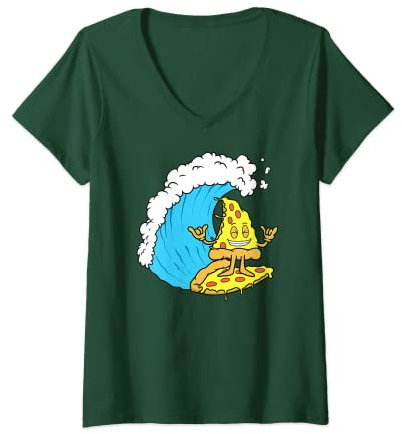 Femme Pelle à fromage pour surf, pizza, surf, équitation, drôle Peperoni T-Shirt avec Col en V