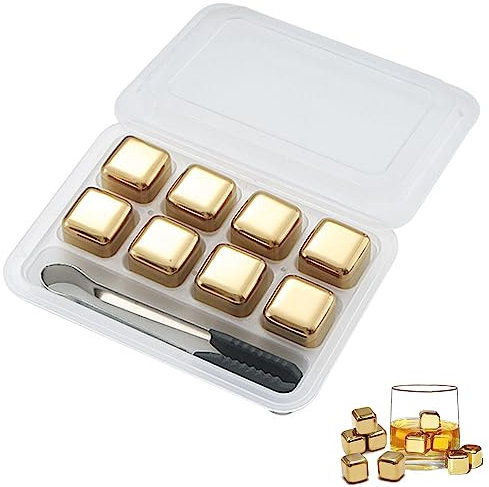 Cubetti di Ghiaccio in Acciaio Inox, 8 Pezzi Pietre di Whisky Riutilizzabile, con Clip in Silicone, per Whisky, Vodka e Tequila, Oro