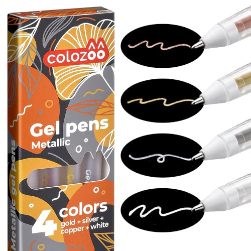 colozoo Juego de 4 bolígrafos de gel metálicos de 0,8 mm | Estéticos para papel negro y de color | de bola de secado rápido para dibujo incl. colores dorado, plateado, cobre y blanco