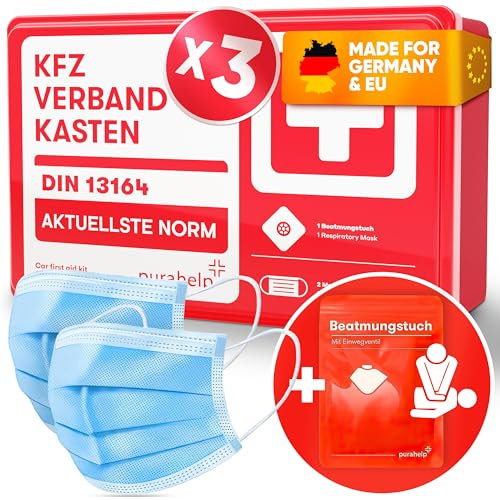 PURAHELP 3x KFZ Verbandskasten nach aktueller Norm 2025 DIN 13164 (StVO konform) - Inkl. Beatmungstuch, 2x Klettstreifen - Erste Hilfe Set Auto Verbandskasten 2025
