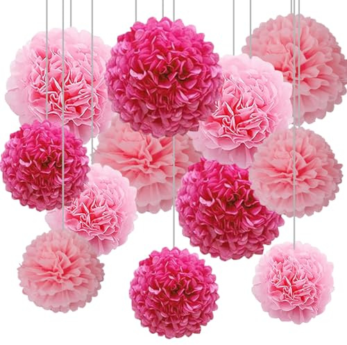 12 Stück Rosa Seidenpapier Pompons,Papier Pom Poms Seidenpompons für Party Deko für Geburtstag Brautparty Babyparty Hochzeit Valentinstag Party Dekorationen