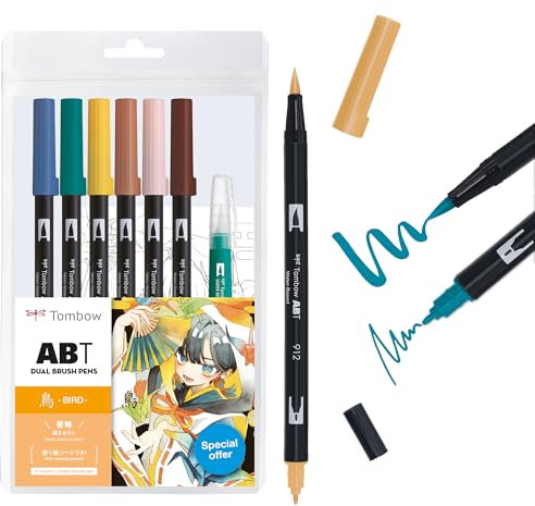 Tombow ABT Dual Brush Pen Set Manga Akvarellfågel, set med 6 ABT + vattentankborste, målarmodeller och videohandledning [ABT-6P-MANGA-BIRD]