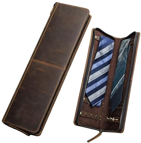 EURYNOME Travel Tie Case, Genuine Leather Cufflinks Necktie Storage Box Tie Holder Gift for Mens