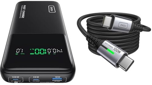 INIU Batterie Externe, 140W Power Bank 27000mAh, Batterie Portable USB C Input & Out & Câble USB C, 2m 100W PD 5A Cable USB C Charge Rapide QC 4.0 Chargeur Type C Nylon Tressé