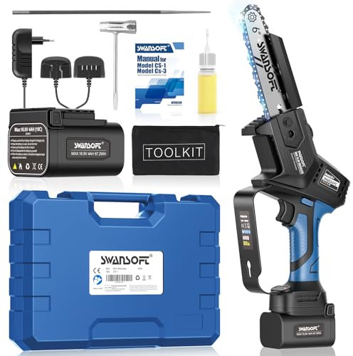 SWANSOFT Mini Motosierra a Batería Profesional, 6'' 16,8V 4Ah 500W de Mano con Bloqueo de Seguridad y Sistema de Engrase Automático - Motosierra Eléctrica para Árboles