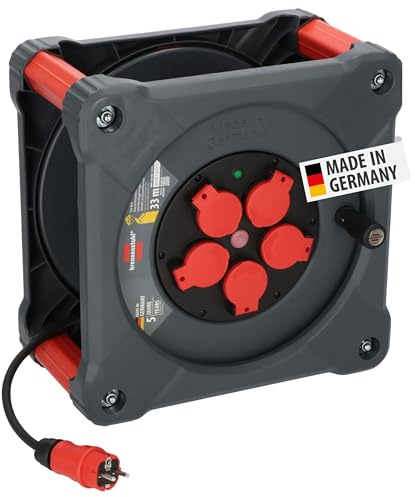 Brennenstuhl Professional Baustellen-Kabeltrommel KA 3100 5 IP44, 33m | H07RN-F 3G1,5 Kabel, 5 Schutzkontakt-Steckdosen, Baustelleneinsatz und ständiger Einsatz im Freien, Made in Germany