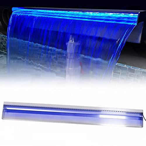 Generisch Poolbrunnen aus Edelstahl, Pool-Wasserfall mit LED-Lichtstreifen, Wasserfall-Überlauf, rechteckiger Garten-Außenbrunnen (35,4 Zoll mit monochromem Licht)