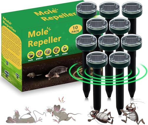 10pk Mole Repellent Ultrasonic Solar Powered for Lawns Gardens and Yards Waterproof Gopher Vole Snake Repeller Effective Outdoor All Pests Sonic Spikes Stakes Chaser