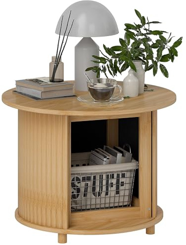 HOMCOM Table Basse Ronde en Bambou, Rangement Caché Ø 60 x 45H cm Naturel | Table de Salon, Porte Coulissante, Salon, Bureau à Domicile