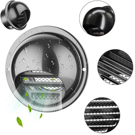 Griglia Di Ventilazione A Sfera In Acciaio Inox 304, Griglia Di Ventilazione Rotonda Nero Con Rete AntisInsetti, Presa Di Ventilazione A Parete Esterna(150mm-5.9in)