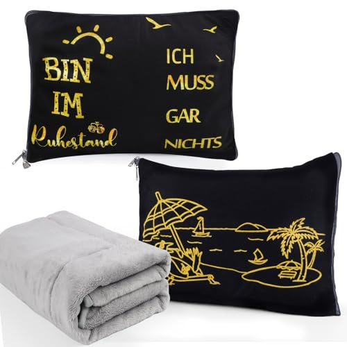 Seutgjie Ruhestand Geschenk, Rentner Geschenk Frau Mann Renteneintritt Reisedecke Flugzeug Kissen Decke 2 in 1 Campingdecke 100x150CM