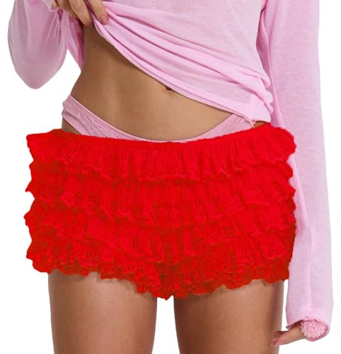 Damen Bloomer Shorts Y2k Spitze Kurze Hosen Mehrlagig Rüschen Elastische Niedrige Taille Hot Pants Mini Pettipants Teenager Mädchen Elegant Ruffl Lace Lolita Petticoat Party Spitzenshorts