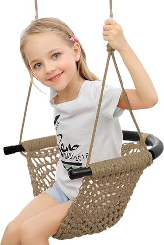 ROPECUBE Hand-Knitting Toddler Swing, Swing Seat for Kids with Adjustable Ropes, for Outdoor Indoor, Playground, Backyard (Light Brown)