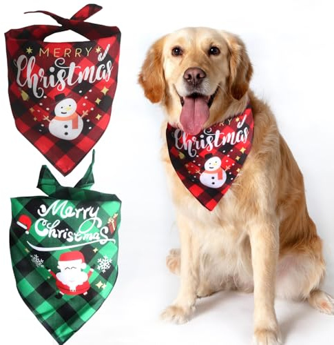 Banlilu Christmas Dog Bandanas, 2Pcs Adjustable Triangle Dog Bandanas with Chequered Print, Dog Christmas Costume for Small Medium Dogs