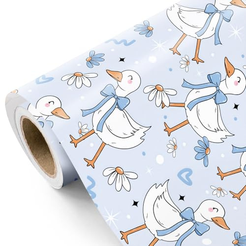 RUSPEPA Geschenkpapierrolle „Silly Gooses“ – Mini-Rolle – 43,2 cm x 5 m – Gans mit blauer Schleife, ideal für Jungengeburtstage und Babypartys