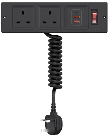 Drawer Socket with PD 20W USB C, Haylink Recessed Power Socket with Spring Cord - 2 UK Sockets, 3 USB Ports, Plug Socket with Switch for Furniture, Cabinet, Desk, Black
