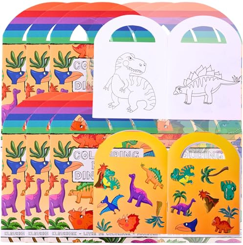 TE-Trend 12 stycken dinosaurier mini målarbok dino målarbok barnset med 15 klistermärken vardera perfekt som present eller souvenir.