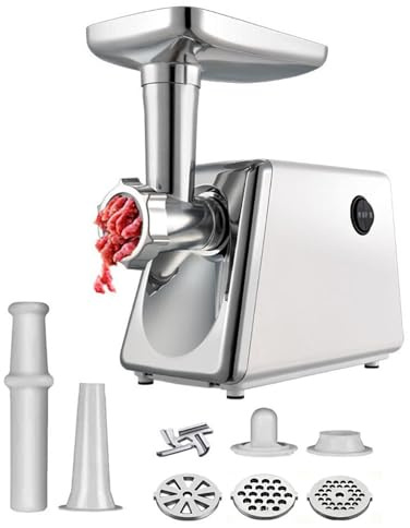 Picadora de carne eléctrica, picadora de carne con 8 accesorios, fácil de limpiar, embutidora de salchichas para uso doméstico, frutas y verduras white