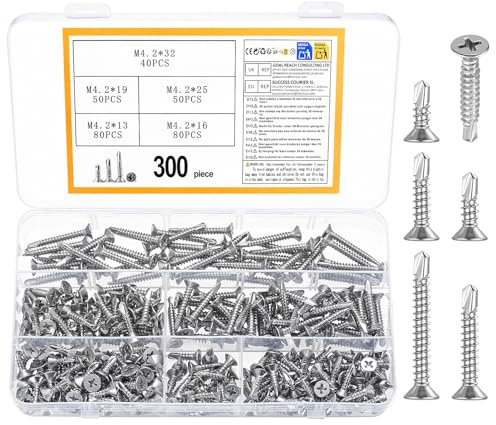 300 PcsTornillos Autotaladrantes, M4,2 Tornillos Roscachapas de acero inoxidable, Tornillos Autorroscantes para Metal, madera, plástico, Tejado Chapa Trapezoidal Chapas Metalicas(32/25/19/16/13 mm)