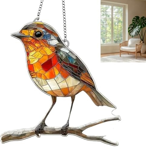Crystal Orange bird Stained Art Ornament, 2D Flat Orange Acrylic Bird Pendant Sun Catcher for Windows & Garden, Vibrant Stained Glass Window Hanging Garden Ornaments Outdoor, Holiday Decor Gift