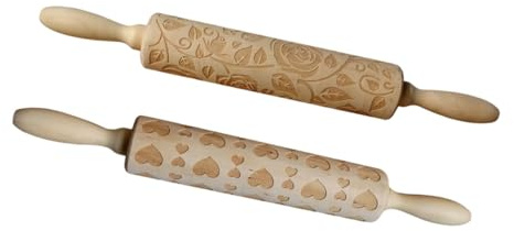 PRETYZOOM Mattarello di Legno Intagliato 2 Pezzi a Forma di Rosa Goffrato, Rullo per Pasta Fai da Te per Biscotti e Fondente, Utensile da Cucina per Cottura e Preparazione Impasti
