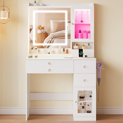 Dripex Dressing Table with Large LED Mirror, Vanity Desk with Show Cabinets | Vanity Table with Power Outlet and Hair Dryer Holder, Makeup Desk with 2 Display Cabinets, 3 Drawers and 4 Open Shelves