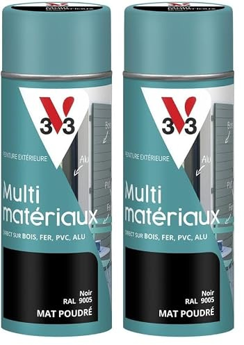 V33 - Aérosol - Bombe Peinture Extérieure Multi-matériaux - Peinture Antirouille - Mobiliers, Fenêtres, Portails, Grilles - Séchage Rapide et Tendu Bon - Teinte Noir Poudré - 400 ml (Lot de 2)
