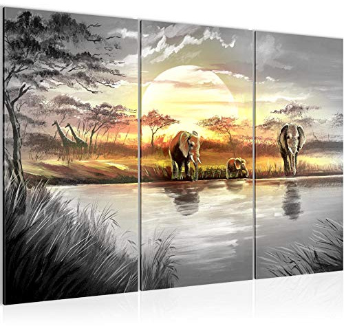 Runa Art Wandbilder Afrika Elefant Bild XXL Wohnzimmer Schlafzimmer Grau Gelb Landschaft 120 x 80 cm 3 Teilig 000731a