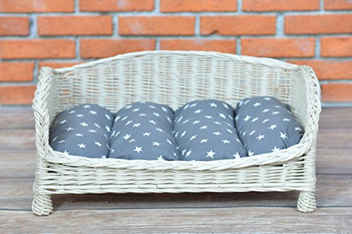 e-wicker24 Tierkorb Hundekorb Lager aus Weide für Hund Katze mit weichem Kissen Liegestuhl für Tiere Katzenlager Hundlager Hundebett Katzenbett (74x52 H39, Grau1)