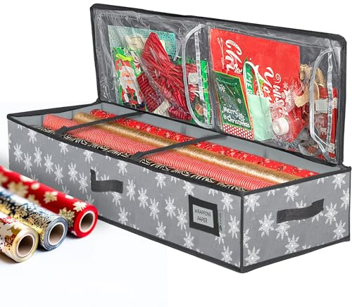 Weihnachts-Aufbewahrungs-Organizer – Geschenkpapier-Aufbewahrung und Unterbett-Aufbewahrungsbehälter für die Urlaubsaufbewahrung von Geschenktüten, Geschenkpapier, Schleifen, strapazierfähiges 600D-Material – passend für Rollen bis zu 101,6 cm