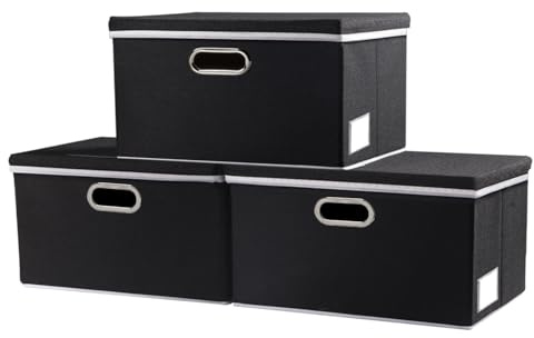 PRANDOM Aufbewahrungsbox mit Deckel,Faltbarer Aufbewahrungsboxen, Aufbewahrungskorb mit Griff,Dekorative Stapelboxen,Organizer Container,Schwarz[3-stück] 29x22x17cm