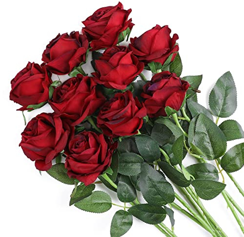 Veryhome Artificial Flowers Silk Roses Real Touch Bridal Wedding Bouquet for Home Garden Party Floral Decor 10 Pcs (Blooming Rose - Gradient Burgundy Red)